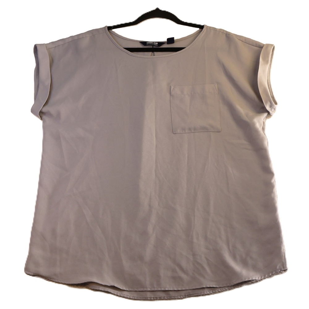 Lands End Womens 14 Blouse Gray Short Sleeve Pocket Box Pleat Top 506392